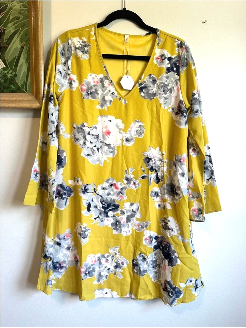 Pinkblush Yellow Floral Satin Long Sleeve Dress Womens Small New